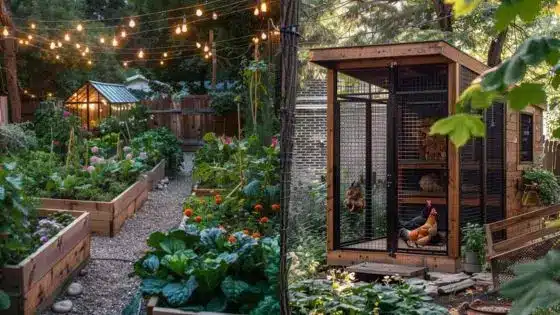 The Many Uses of Chicken Wire in Home and Garden Design Garden with raised beds, glowing string lights, and a cozy chicken coop; serene backyard farm setting. | Sky Rye Design Garden with raised beds, glowing string lights, and a cozy chicken coop; serene backyard farm setting.