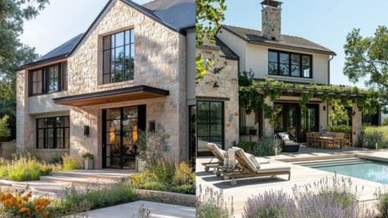 Things That Make Your Home Attractive to Buyers Modern stone house with large windows, garden, and poolside seating. Lush greenery surrounds the luxurious exterior. | Sky Rye Design Modern stone house with large windows, garden, and poolside seating. Lush greenery surrounds the luxurious exterior.