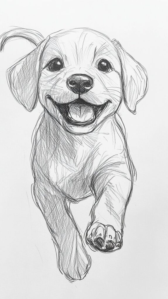 Sketch of a happy puppy running forward with a joyful expression. Black and white pencil drawing.