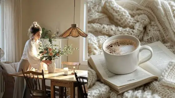 Tiny Daily Experiments That Can Change How You See Life Cozy home vibe: Woman arranging flowers on table; cup of coffee on open book with knit blanket. | Sky Rye Design Cozy home vibe: Woman arranging flowers on table; cup of coffee on open book with knit blanket.