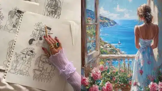 Tips How to sell your artwork online Hand sketching abstract art beside a painting of a woman in a floral dress overlooking the ocean through a window. | Sky Rye Design Hand sketching abstract art beside a painting of a woman in a floral dress overlooking the ocean through a window.