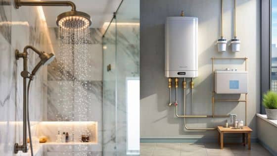Tips for Choosing the Best Water Heater for Your Home Modern bathroom with rainfall showerhead and efficient water heater installation. | Sky Rye Design Modern bathroom with rainfall showerhead and efficient water heater installation.