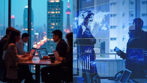Tips for Navigating a Successful Digital Transformation Business meeting with technology overlay, global data analytics concept in modern office setting. | Sky Rye Design Business meeting with technology overlay, global data analytics concept in modern office setting.