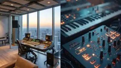 Modern music studio with city view and close-up of synthesizer and mixing console.