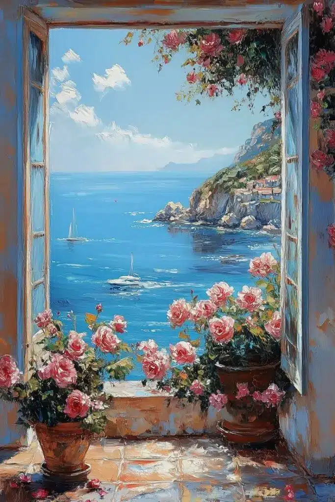 Open window with blooming roses overlooking a serene ocean view and sailboats. Mediterranean coastal scene.