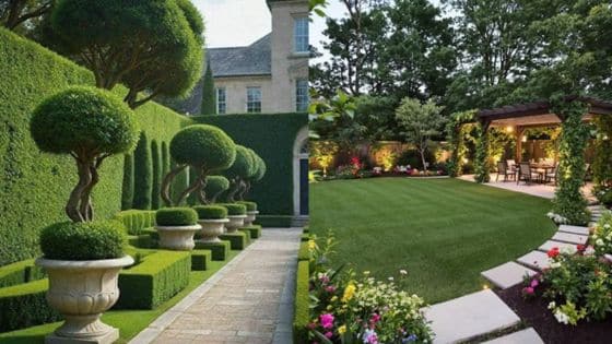 Transform Your Backyard with Synthetic Turf Luxurious garden with topiary trees and manicured lawn beside a cozy patio surrounded by lush greenery. | Sky Rye Design Luxurious garden with topiary trees and manicured lawn beside a cozy patio surrounded by lush greenery.