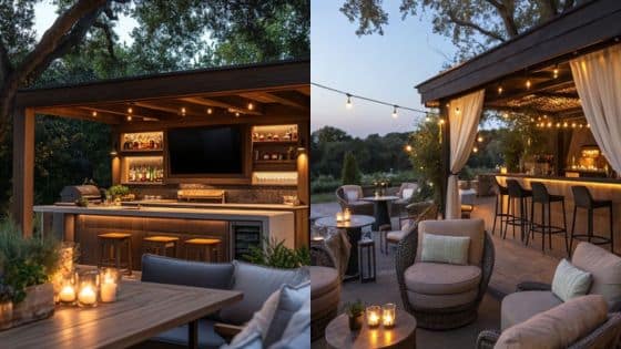 Transform Your Garden Outdoor home bar with cozy seating, ambient string lights, and a TV for evening entertainment in a garden setting. | Sky Rye Design Outdoor home bar with cozy seating, ambient string lights, and a TV for evening entertainment in a garden setting.