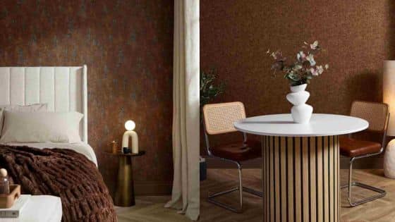 Trending Wallpaper Furniture Upholstery Designs In Dubai Modern bedroom and dining area with a cozy bed, round table, warm lighting, and stylish decor. | Sky Rye Design Modern bedroom and dining area with a cozy bed, round table, warm lighting, and stylish decor.