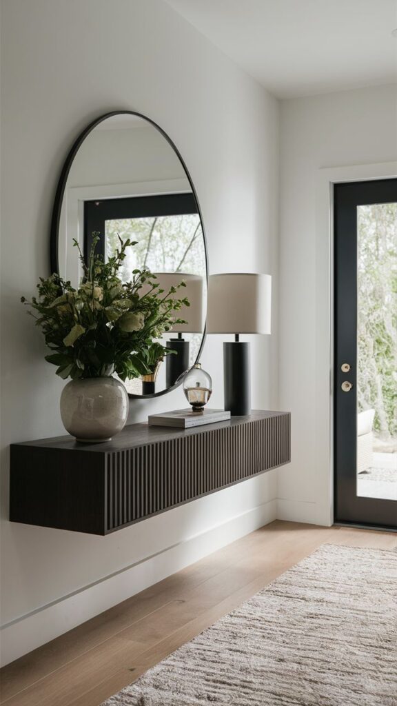 Modern entryway with floating shelf, round mirror, lamp, and vase with flowers. Natural light from glass door.