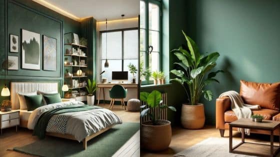 Turn your home into a green oasis Modern green bedroom and living area with plants, cozy decor, desk workspace, and natural light. | Sky Rye Design Modern green bedroom and living area with plants, cozy decor, desk workspace, and natural light.