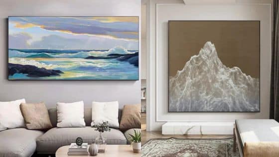 Turning Walls into Statements The New Age of Personalized Interior Design Two modern paintings in a stylish living room, featuring ocean waves and a mountain, enhancing contemporary decor. | Sky Rye Design Two modern paintings in a stylish living room, featuring ocean waves and a mountain, enhancing contemporary decor.