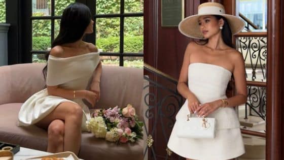 Upgrade Style with Casual Outfit Ideas Summer Casual Woman in elegant white dresses, one seated with flowers, another posing with a hat and handbag in a stylish setting. | Sky Rye Design Woman in elegant white dresses, one seated with flowers, another posing with a hat and handbag in a stylish setting.