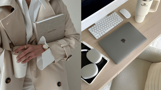 Chic beige trench coat, notebook, coffee cup, and sleek tech setup with laptop and headphones on a wooden desk.