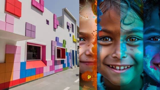 Viewing Deck Blog 1 Colorful school building exterior with smiling children, showcasing diversity and creativity. | Sky Rye Design Colorful school building exterior with smiling children, showcasing diversity and creativity.