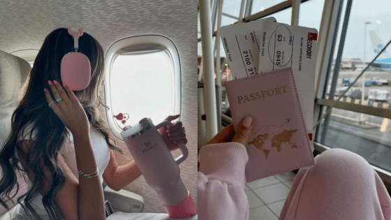 Traveler on a plane with headphones, holding a mug; passport and tickets at the airport, ready for a journey.