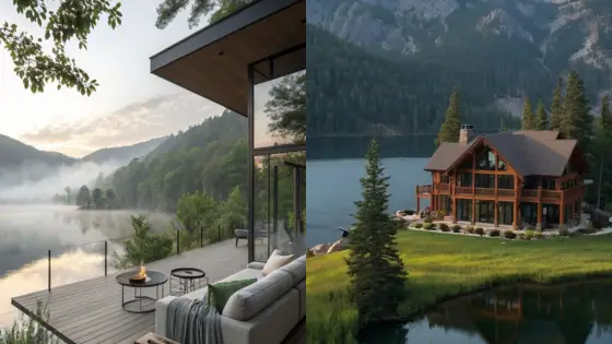 Modern lakeside cabin with mountains; serene view with mist and cozy outdoor seating.