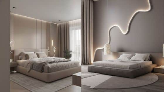 Viewing Deck Blog-10 Modern minimalist bedroom design with stylish lighting, neutral tones, and sleek furniture. | Sky Rye Design Modern minimalist bedroom design with stylish lighting, neutral tones, and sleek furniture.