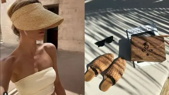 Woman in a strapless top with a visor on the left; woven accessories and sunglasses in sunlight on the right.