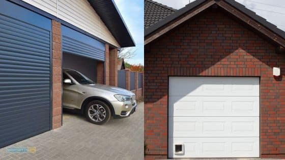 Viewing Deck Blog-12 Silver SUV exiting garage with blue door next to brick garage with closed white door. | Sky Rye Design Silver SUV exiting garage with blue door next to brick garage with closed white door.