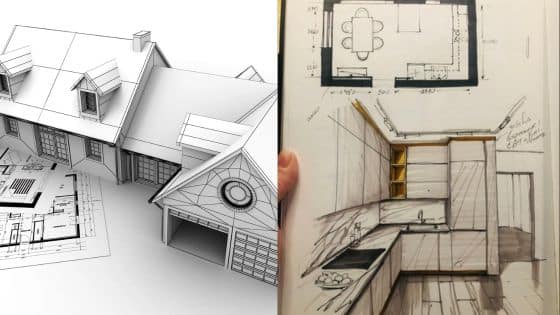 Viewing Deck Blog-13 3D house model and detailed kitchen sketch plan showcasing architectural design and interior layout concepts. | Sky Rye Design 3D house model and detailed kitchen sketch plan showcasing architectural design and interior layout concepts.