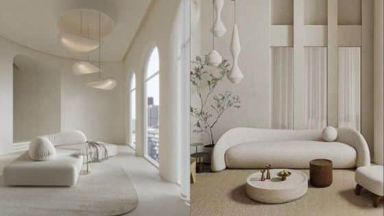 Viewing Deck Blog 13 Minimalist modern living room design with neutral tones, elegant white sofas, and artistic lighting fixtures. | Sky Rye Design Minimalist modern living room design with neutral tones, elegant white sofas, and artistic lighting fixtures.