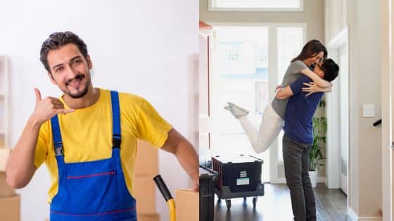 Viewing Deck Blog-14 Moving service with smiling worker and couple celebrating new home. | Sky Rye Design Moving service with smiling worker and couple celebrating new home.