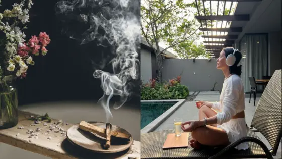 Viewing Deck Blog Calm meditation by the pool with incense smoke and flowers, perfect for relaxation and mindfulness. | Sky Rye Design Calm meditation by the pool with incense smoke and flowers, perfect for relaxation and mindfulness.