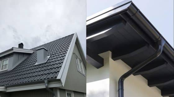 Viewing Deck Blog 15 Gray metal roofing with matching gutters and eaves on a modern house against a cloudy sky. | Sky Rye Design Gray metal roofing with matching gutters and eaves on a modern house against a cloudy sky.