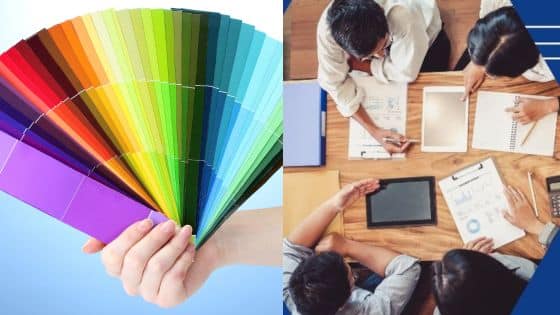 Viewing Deck Blog-15 Color palette in hand and team collaborating on business documents and digital tablets at a wooden table. | Sky Rye Design Color palette in hand and team collaborating on business documents and digital tablets at a wooden table.