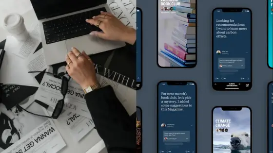 Viewing Deck Blog Person working on a laptop surrounded by magazines and mobile screens showing book and climate apps. | Sky Rye Design Person working on a laptop surrounded by magazines and mobile screens showing book and climate apps.