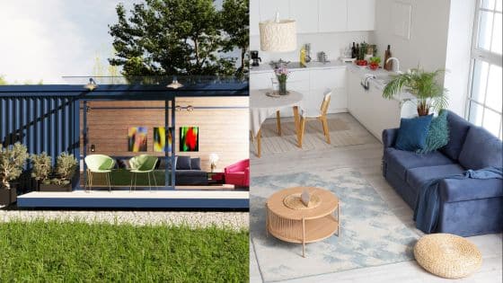 Viewing Deck Blog-16 Modern container home exterior and cozy living room with kitchen view, lush greenery surrounding. | Sky Rye Design Modern container home exterior and cozy living room with kitchen view, lush greenery surrounding.