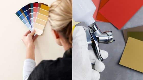Viewing Deck Blog-16 Person selecting paint colors with swatches; right side shows spray painting equipment and color samples. | Sky Rye Design Person selecting paint colors with swatches; right side shows spray painting equipment and color samples.