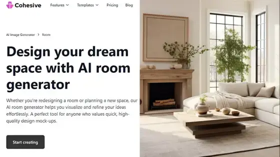 AI room generator webpage with cozy modern living room decor, neutral tones, and large windows.