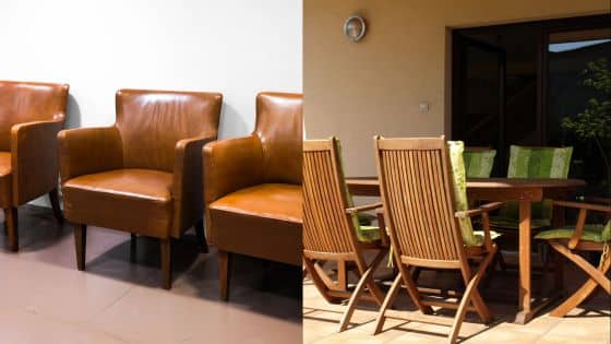 Brown leather armchairs indoors and wooden patio chairs with green cushions outdoors.