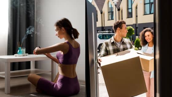 Viewing Deck Blog-18 Woman meditating indoors; couple moving boxes outside. Serenity and change concept. | Sky Rye Design Woman meditating indoors; couple moving boxes outside. Serenity and change concept.