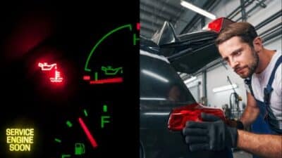 Dashboard warning lights and mechanic inspecting a car in a garage, highlighting vehicle maintenance needs.