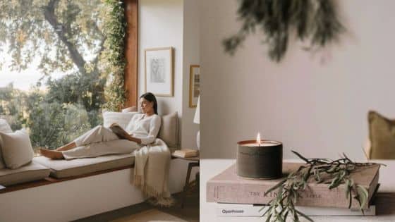 Viewing Deck Blog-18 Cozy reading nook with woman relaxing by a window, and a lit candle on books, creating a tranquil atmosphere. | Sky Rye Design Cozy reading nook with woman relaxing by a window, and a lit candle on books, creating a tranquil atmosphere.