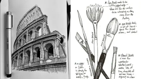 Viewing Deck Blog Sketch of the Colosseum with pen on paper, beside illustrated labeled paintbrushes. | Sky Rye Design Sketch of the Colosseum with pen on paper, beside illustrated labeled paintbrushes.