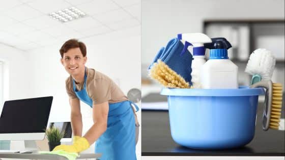 Smiling cleaner in blue apron wiping desk; cleaning supplies in a blue bucket on the right.