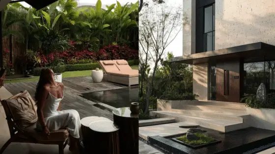 Woman relaxing by luxurious poolside next to modern house entrance with lush greenery and contemporary design.