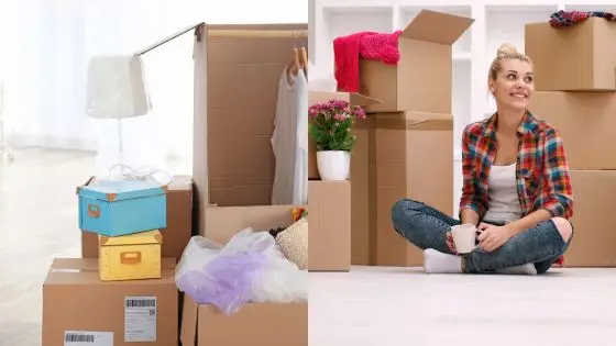 Viewing Deck Blog-2 Woman sitting among moving boxes, smiling while holding a coffee mug, surrounded by packed belongings and plants. | Sky Rye Design Woman sitting among moving boxes, smiling while holding a coffee mug, surrounded by packed belongings and plants.