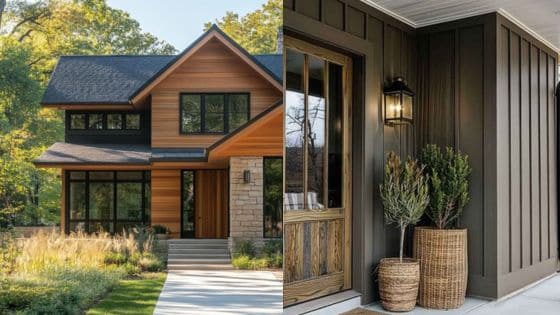 Viewing Deck Blog-2 Modern home exterior with wood siding and large windows, cozy porch with potted plants and stylish lighting fixtures. | Sky Rye Design Modern home exterior with wood siding and large windows, cozy porch with potted plants and stylish lighting fixtures.