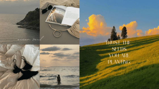 Coastal vibes collage: ocean, beach, sunset, book, swimsuit, nature quote. Tranquil and inspiring summer moments.