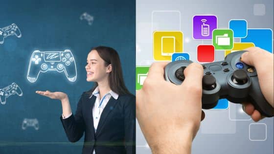 Person holding virtual and real game controllers, illustrating gaming technology concepts.