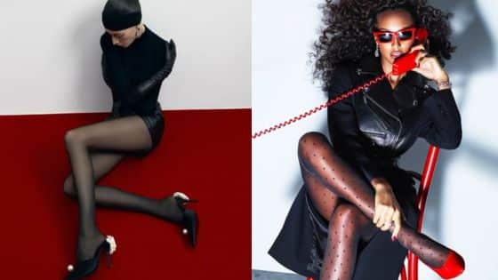 Viewing Deck Blog Models in stylish outfits and tights, striking bold poses with contrasting red and black backgrounds. | Sky Rye Design Models in stylish outfits and tights, striking bold poses with contrasting red and black backgrounds.