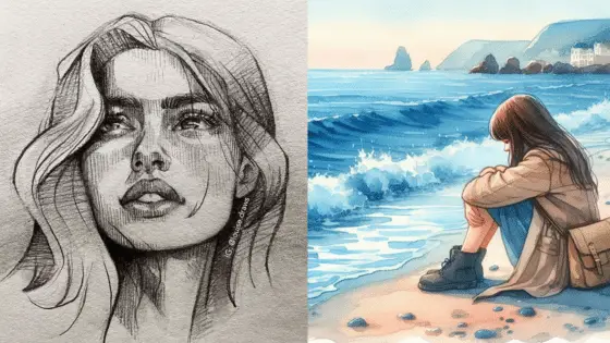Viewing Deck Blog Illustrated woman in pencil sketch alongside a girl sitting by the ocean, contemplating the waves. | Sky Rye Design Illustrated woman in pencil sketch alongside a girl sitting by the ocean, contemplating the waves.