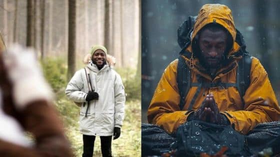 Viewing Deck Blog - 2025-04-14T165635808 Two men in winter gear; one smiles in a forest, the other prays in the snow. | Sky Rye Design Two men in winter gear; one smiles in a forest, the other prays in the snow.