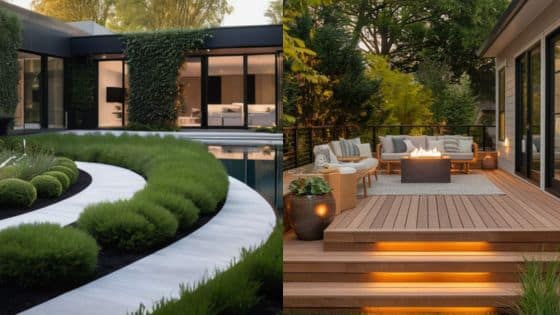 Viewing Deck Blog - 2025-04-15T205800865 Modern backyard with lush greenery and cozy outdoor seating area with firepit for relaxation and entertaining. | Sky Rye Design Modern backyard with lush greenery and cozy outdoor seating area with firepit for relaxation and entertaining.