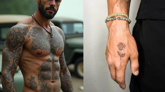 Viewing Deck Blog - 2025-04-18T001338550 Shirtless tattooed man with floral designs, small rose tattoo on hand, wearing bracelets near a vintage vehicle. | Sky Rye Design Shirtless tattooed man with floral designs, small rose tattoo on hand, wearing bracelets near a vintage vehicle.