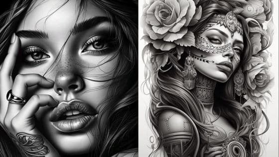 Viewing Deck Blog - 2025-04-25T182608033 Black and white portrait of women with intricate tattoos and floral headdresses, featuring striking details and expressions. | Sky Rye Design Black and white portrait of women with intricate tattoos and floral headdresses, featuring striking details and expressions.